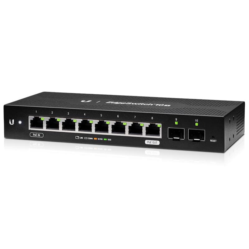 UBNT EdgeSwitch 10X (ES-10X) – 8 Gigabit RJ45, 2 SFP Portlu, 24V Pasif PoE Passthrough Destekli Ekonomik WISP Switch