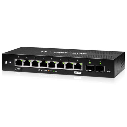 UBNT EdgeSwitch 10X (ES-10X) – 8 Gigabit RJ45, 2 SFP Portlu, 24V Pasif PoE Passthrough Destekli Ekonomik WISP Switch